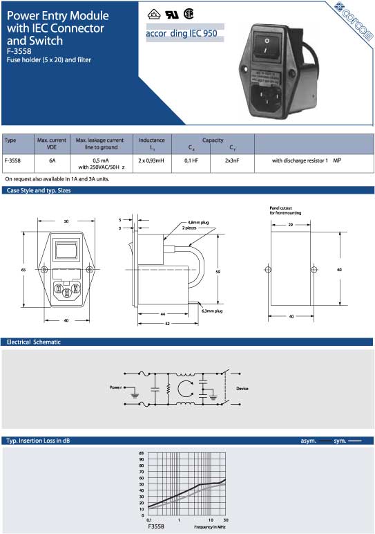 Elproma Electronics Corcom Power Entry Modulewith IEC Connectors and Switch RFI Net Filters F-3558. Pag22