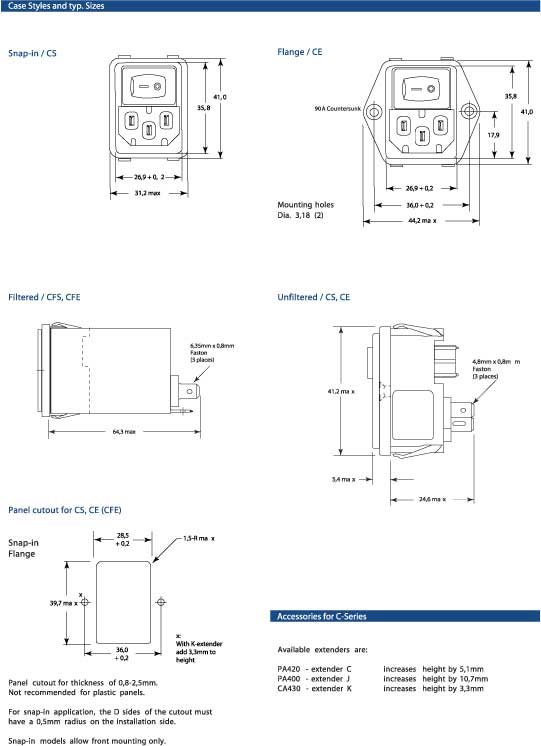 Elproma Electronics Corcom IEC Connector RFI Filters with double Pole Switch C-Series. Pag 27