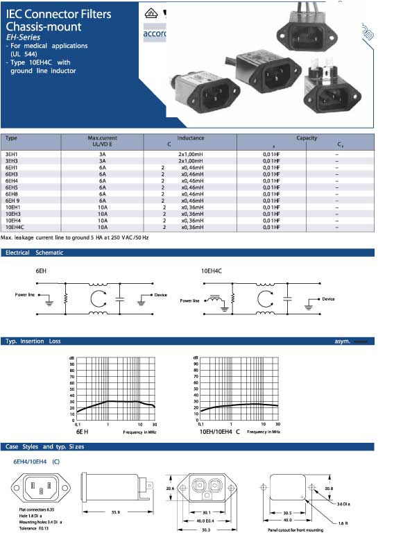 Elproma Electronics Corcom IEC Connector  RFI Filters Chassis-Mount EH-Series. Pag 40-41