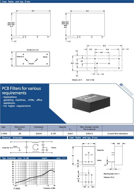Elproma Electronics Corcom PCB Filters XP-, YP-, ZP-Series.
PCB Filters for various requirements F-3443. Pag 43