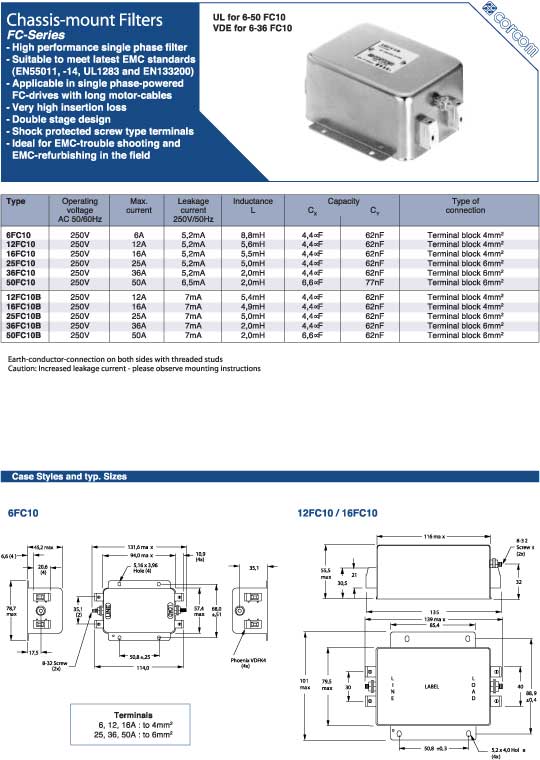 Elproma Electronics Corcom RFI Power Line Filters, Chassis-mount RFI Filter FC-Series. Pag 64-65