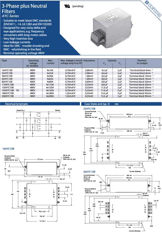 Elproma Electronics Corcom RFI Power Line Filters, 3-Phase Plus Neutral RFI Filters AYC-Series. Pag 70