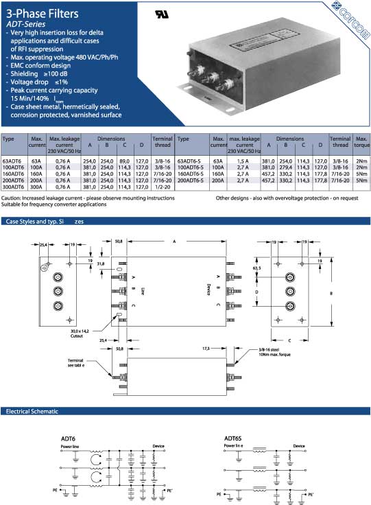 Elproma Electronics Corcom RFI Power Line Filters, 3-Phase RFI Filters ADT-Series. Pag 72 