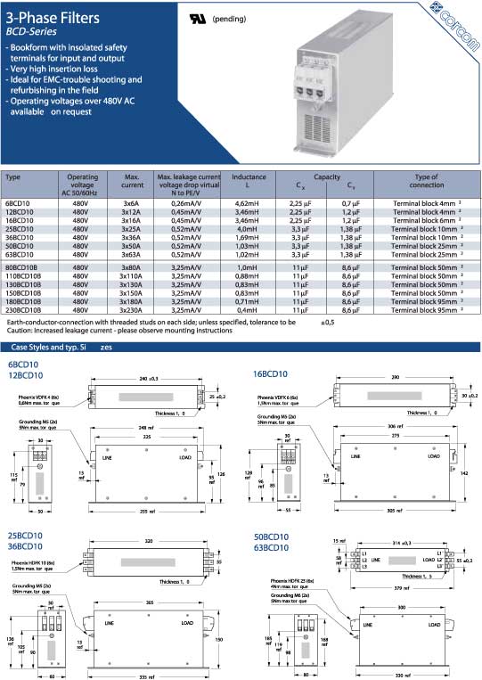 Elproma Electronics Corcom RFI Power Line Filters, 3-Phase RFI Filters BCD-Series. Pag 85