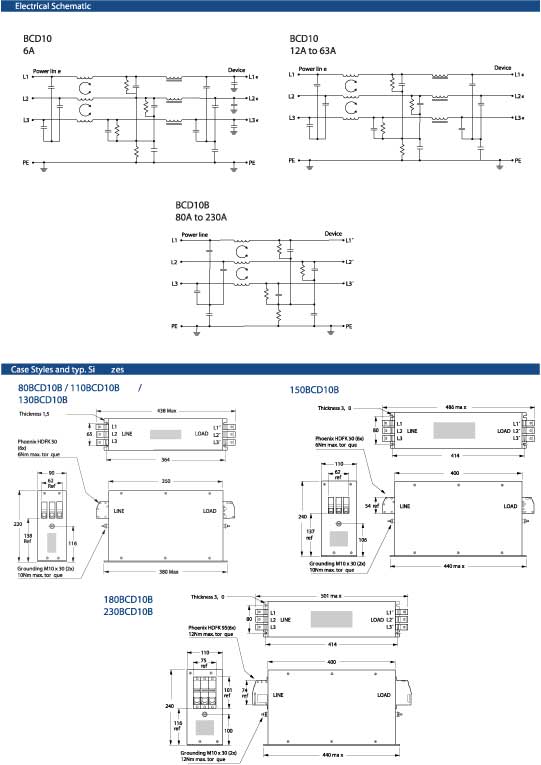 Elproma Electronics Corcom RFI Power Line Filters, 3-Phase RFI Filters BCD-Series. Pag 86